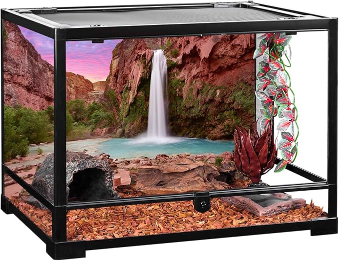 AWERT 30x12 inch Reptile Habitat Background Sunset Mountain Waterfall Terrarium Background Durable Polyester Background