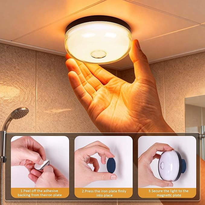 Loscarol Rechargeable Shower Lights with Remote, 15 RGBW Color Changeable Shower Lamp Waterproof, Dimmable &Timer Ceiling Light, Wireless LED Mood Lighting for Bathroom, Closet (Black, 4-Pack)