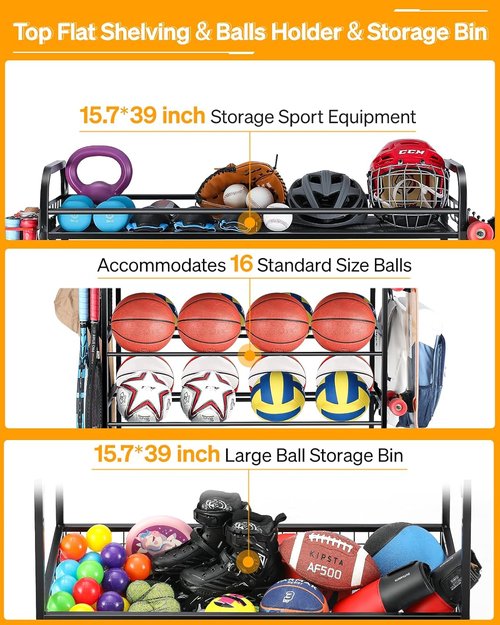 EXTCCT Garage Sports Equipment Organizer - Rolling Ball Storage Bin with Wheels | Basketball & Baseball Gear Rack