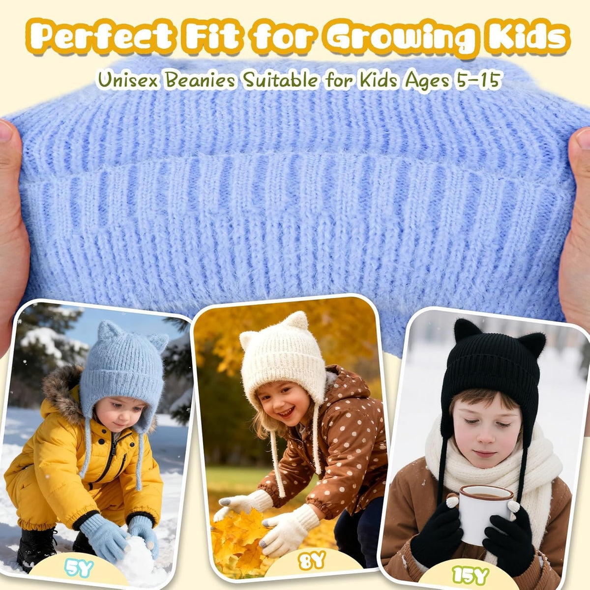 ZOORON Kids Winter Hat and Glove Set - Cat Beanie with Warm Ear Flaps | Knit Skull Cap for Ages 5-15