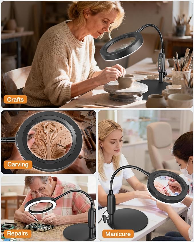 30X 10X Magnifying Glass with Light and Stand, 5 Color Modes Stepless Dimmable