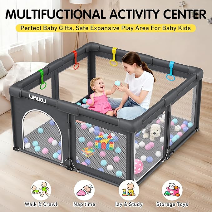 Baby Playpen Foldable Playpen for Babies and Toddlers, Large Playpens Portable Play Pen with 2 Doors Play Yard for Kids Fence Indoor Outdoor 4 Handlers 50 Balls Baby Gifts Essentials 50"X50" Dark Grey