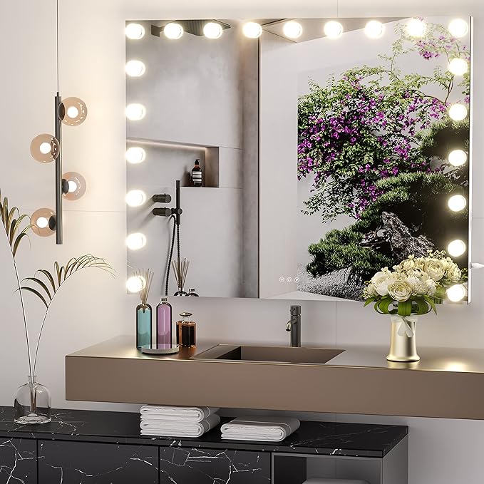 Hasipu Vanity Mirror with Lights, 40" x 29" Hollywood Mirror with 21 Dimmable Bulbs and 10X Magnification, 3 Colors Modes, Touch Control, USB Charging Port, Type-C, Tempered Glass (Square White)