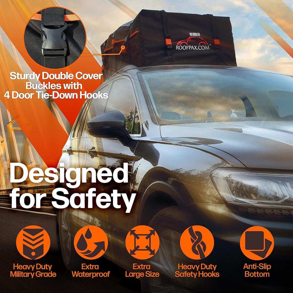 RoofPax Rooftop Cargo Carrier Bag - 23 cft. Extra Waterproof with Double Weatherproof Zippers & 10 Tie-Down Straps