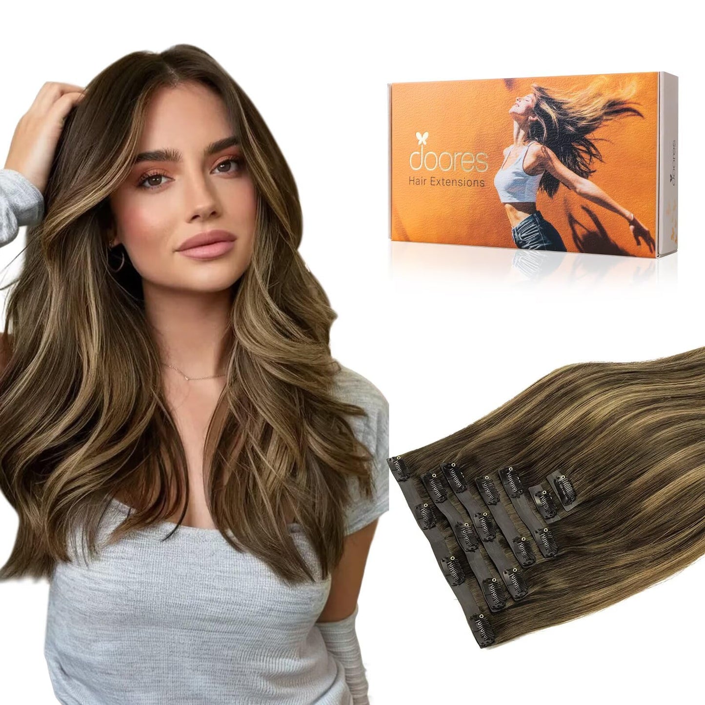 Doores Seamless Clip In Hair Extensions, Chocolate Brown To Caramel Blonde 16 Inch 110G 7Pcs, Seamless Human Hair Extensions Inv
