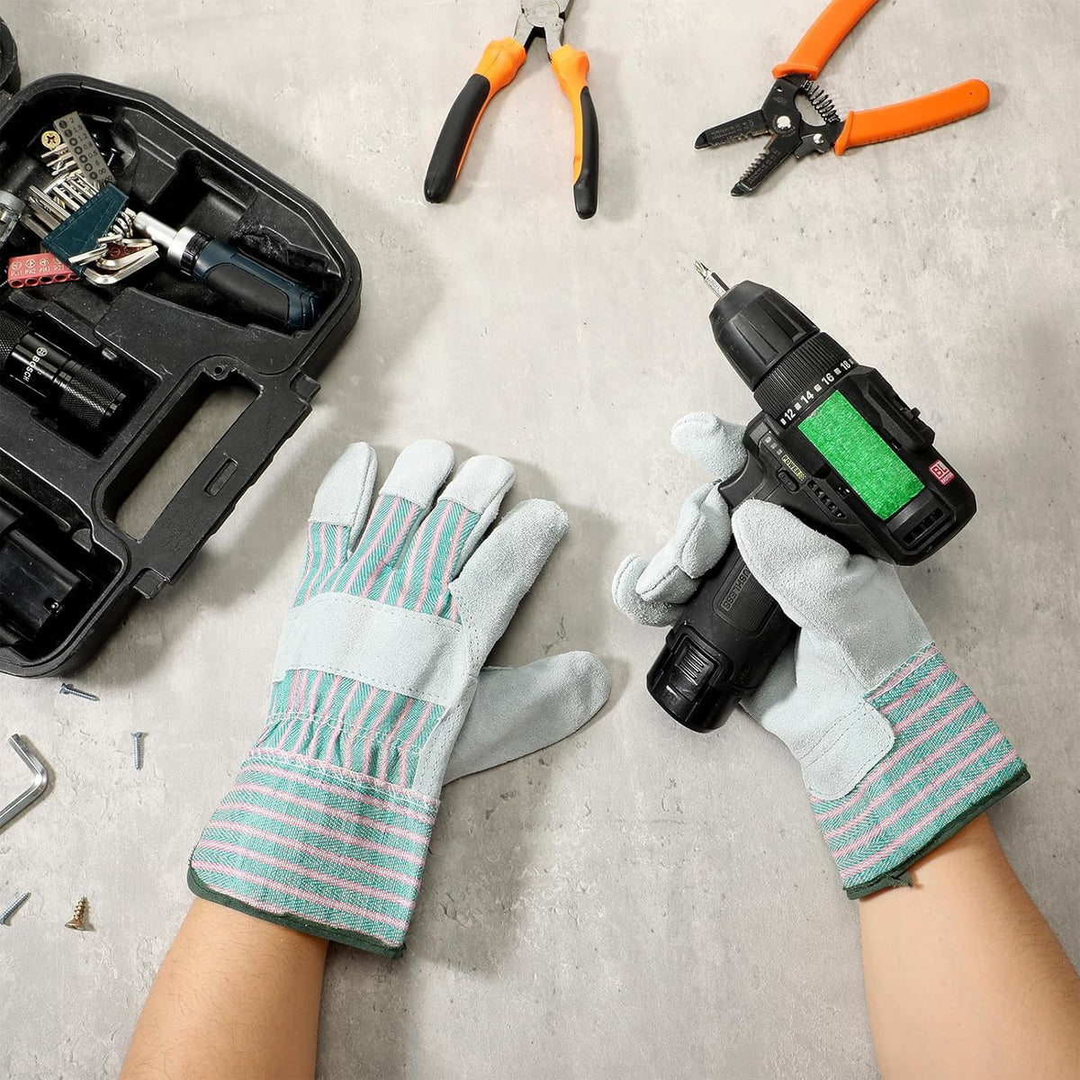 Skiennix Heavy Duty Leather Work Gloves - 12 Pairs, Durable Cowhide, Safety Cuff, 11 x 5.1 Inch