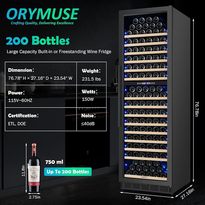 200 Bottle Dual Zone Wine Fridge – 24 Inch Large Capacity Wine Cooler Refrigerator Freestanding/Built-In with Upgraded Compressor, Low-Noise Wine Cellar & Intelligent Temperature Control - Black