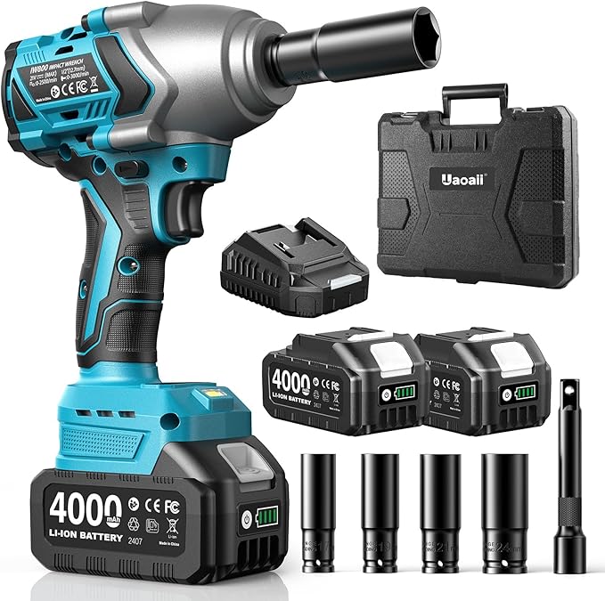 1/2 Impact Wrench 1200N.m, 1/2 Impact Gun & 2x 21V 4000mAh Batteries, Fast Charger, 4 Sockets & Storage Box, High Torque Impact Drive for Lug Nuts, Cars, Tires