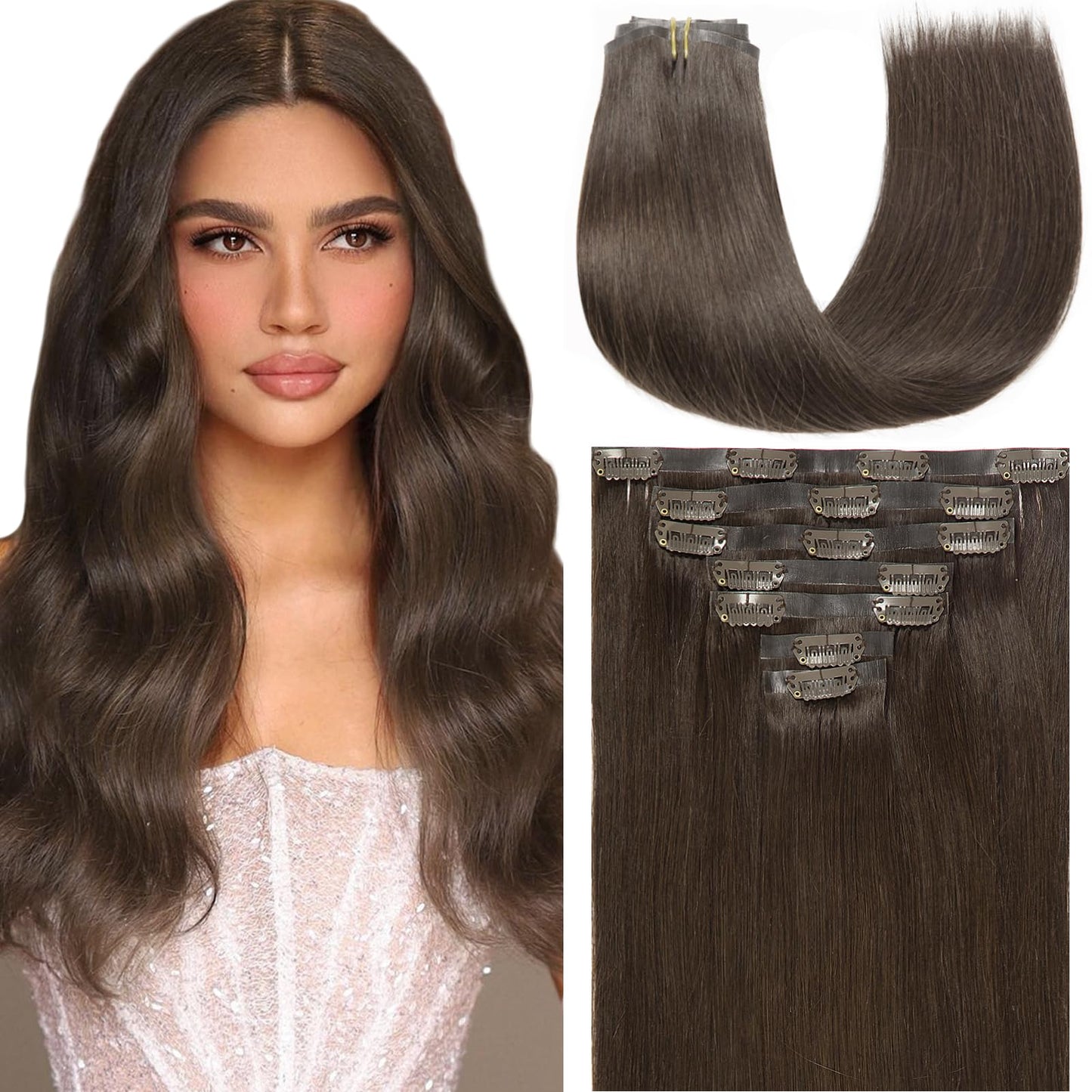 Loxxy Seamless Clip In Hair Extensions 22Inch 110G 7Pcs Light Dark Brown Real Human Hair Clip In Extensions Invisible With Pu Cl