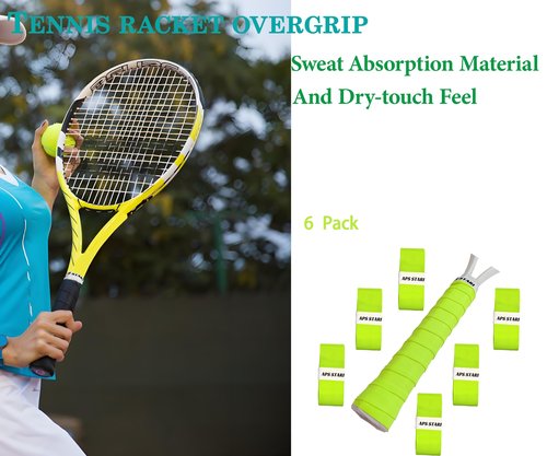 APSSTARI Tennis Racket Overgrip, 6-Pack Precut Anti-Slip Grip Tape, Dry-Feel (Hihg-Vis Green)