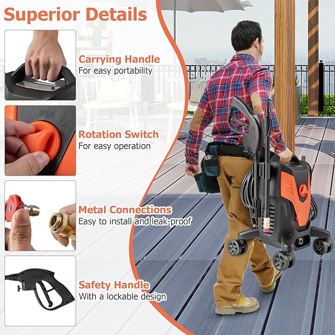 COSTWAY Electric Pressure Washer with 4 Universal Wheels, 2400 PSI High Pressure Cleaner Machine with 4 Nozzles and Soap Bottle, 1.7 GPM Portable Washer for Car, 3 Self-Priming Ways (Orange+Black)