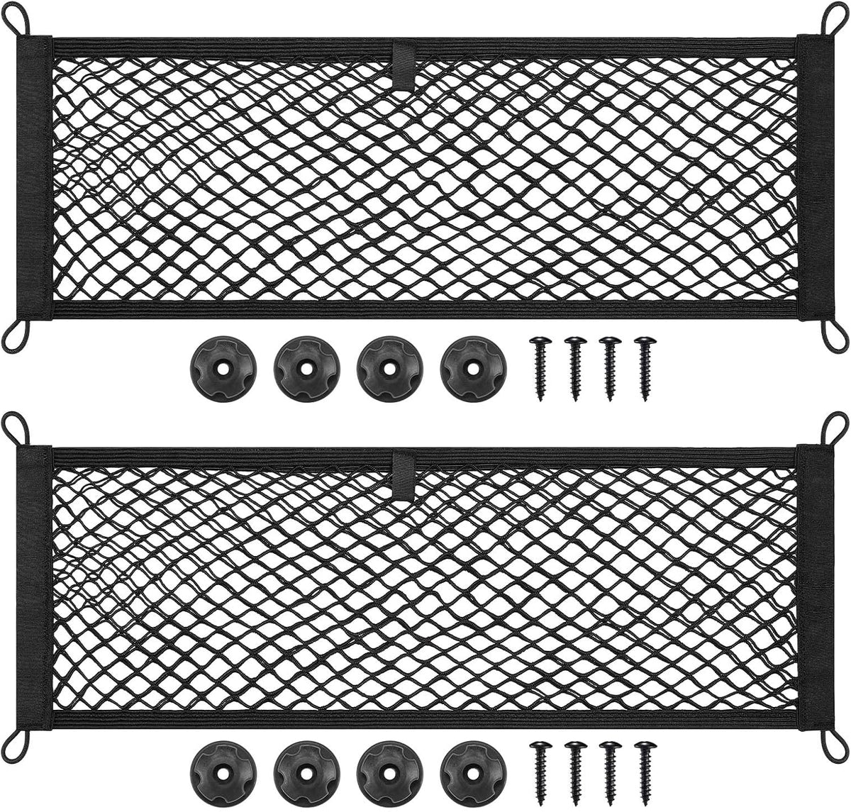 TOBWOLF 2PCS 25x45cm/9.8x17.7in Cargo Storage Net with Mounting Screws, Elastic Storage Mesh Pocket Netting, Built-in Hooks Automotive Cargo Netting Storage Pouch for Trunk, RV, Boats, Campers