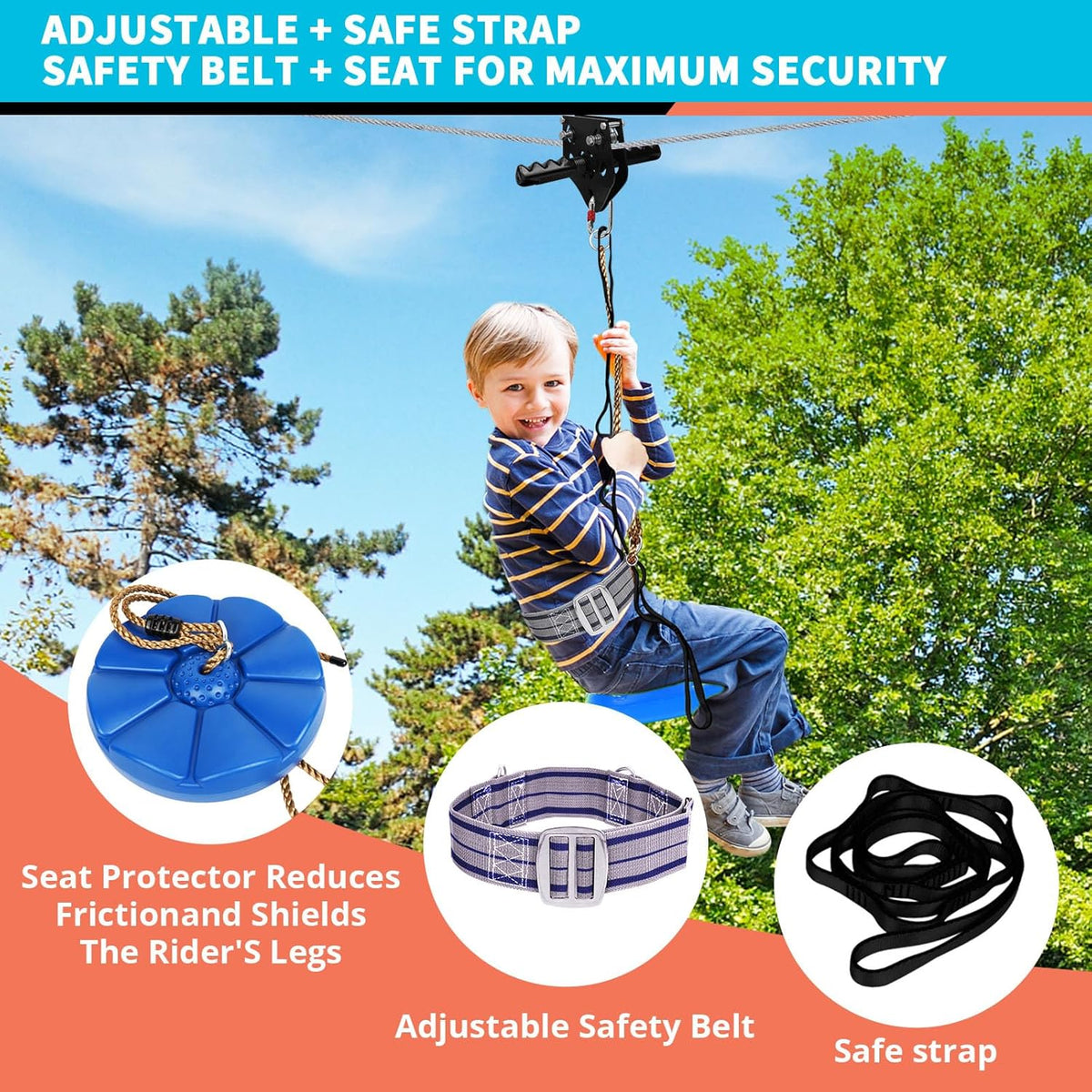 Zip Line Kit - 100FT/120FT/150FT/200FT for Kids & Adults | Up to 380Lbs Capacity with Rust-Proof Trolley & Spring Brake