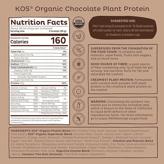 KOS Vegan Protein Powder Erythritol Free, Chocolate - Organic Pea Protein Blend, Plant Based Superfood Rich in Vitamins & Minerals - Keto, Dairy Free - Meal Replacement for Women & Men, 28 Servings