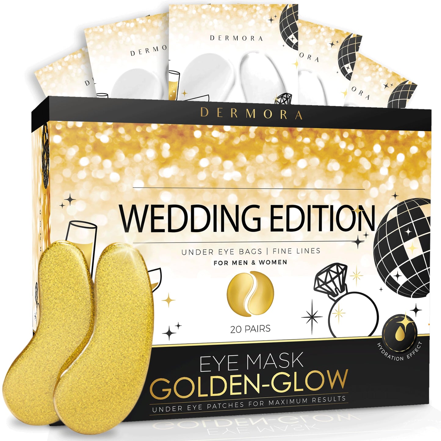 Dermora Wedding-Themed Eye Mask (20 Pairs), Golden Under Eye Patches - Rejuvenating Treatment For Dark Circles, Puffy Eyes, Refr