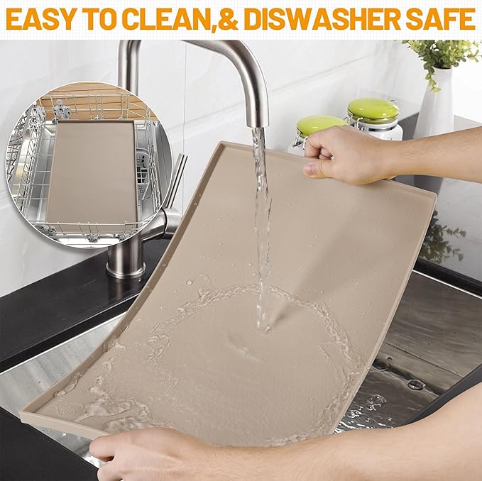 Hubulk Dog Feeding Mat,100% Waterproof Food Grade Silicone Pet Food and Water Bowl Placemat,Dishwasher, High Raised Edge to Prevent Spills,Nonslip Tray to Stop Messes on Floor(19"x12"x0.5", Taupe)