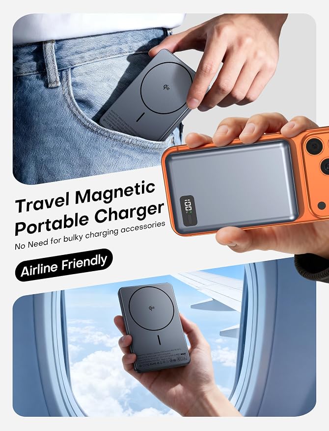 Enyneo Mag.Safe Portable Charger, 10000mAh Battery Pack - Qi2 Certified, 22.5W Fast Charging Wireless Magnetic Power Bank for iPhone 17/ Air/ 16/15/14/13/12 Series, Travel Camping Essential-Grey