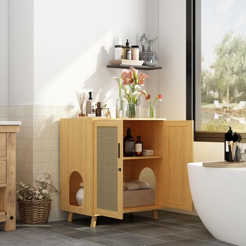 Lovinouse Cat Litter Box Enclosure - Large Hidden Litter Cabinet with Sisal Doors & Adjustable Shelf | Stylish Wooden Design for Living Room