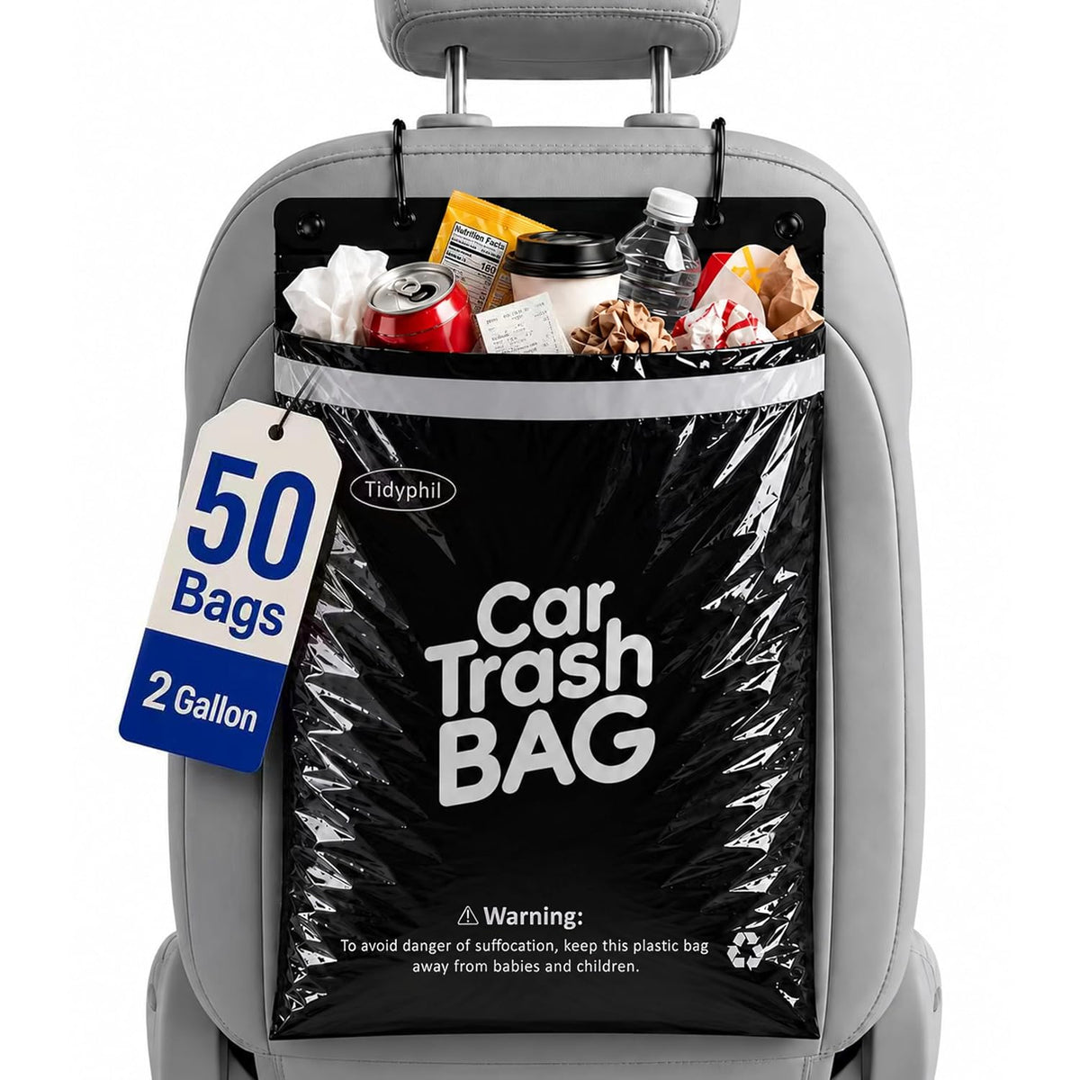 50 Bags Hanging Car Trash Bags Disposable, 2 Gallon Car Garbage Bags. Black