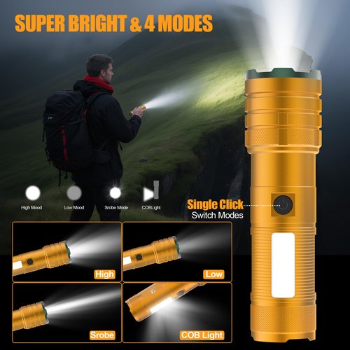 limalnicy Rechargeable Flashlights High Lumens 100,000 Long Lasting, 4 Modes with Side COB Light, Super Bright LED Flashlight USB C Input & Output, Powerful Strong Flash Light for Hiking Camping