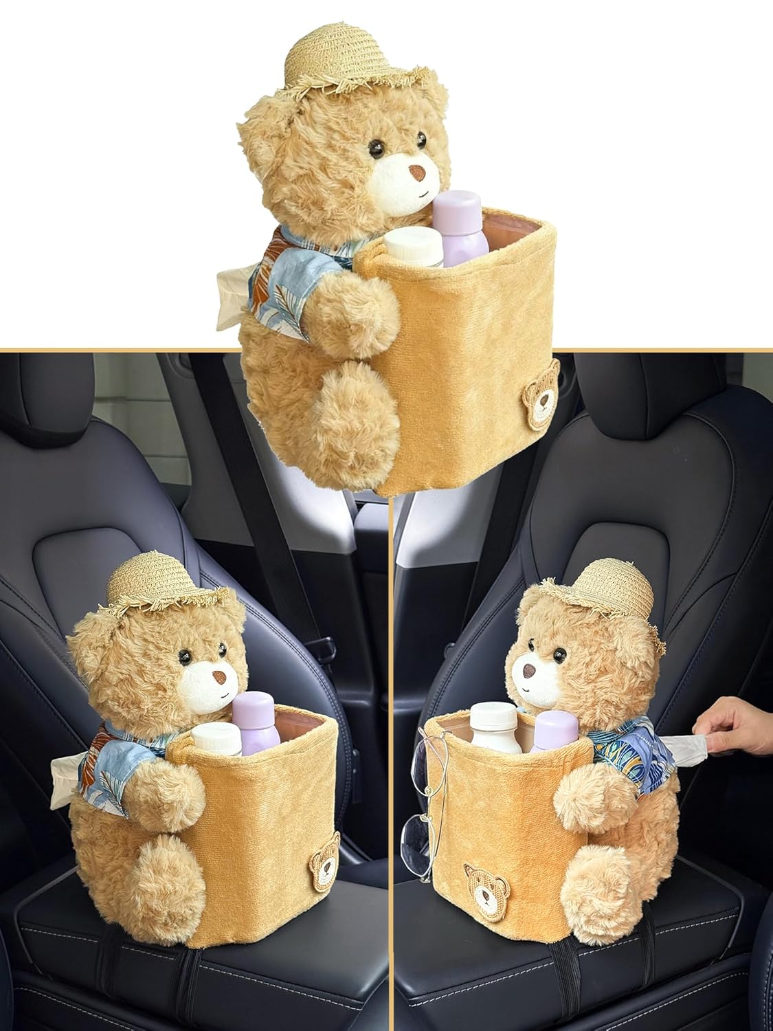 Cute Car Trash Can with Tissue Holder Teddy Bear Tissue Box Console Stuffed Animal Organizer Plush Doll Multifunctional Creative Accessories for Women Rainbow Bear