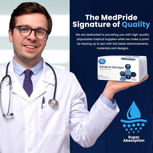Med Pride 4”x 4” Surgical Sponges - 200 Extra Absorbent Gauze Pads for Wound Care & First Aid