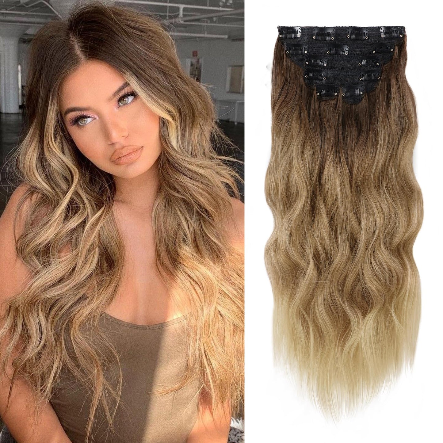 Wecan Clip In Hair Extension 24 Inch Omber Blonde 6Pcs Long Wavy Curly Hairpieces For Women Natural Thick Synthetic Fiber Double