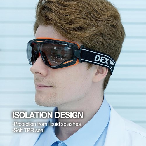 DEX FIT Safety Goggles - Wide-Vision Lab & Chemical Splash Eye Protection | Anti-Fog, Scratch Resistant, Black/Orange, Smoke Tinted Lens, Z87.1 Approved
