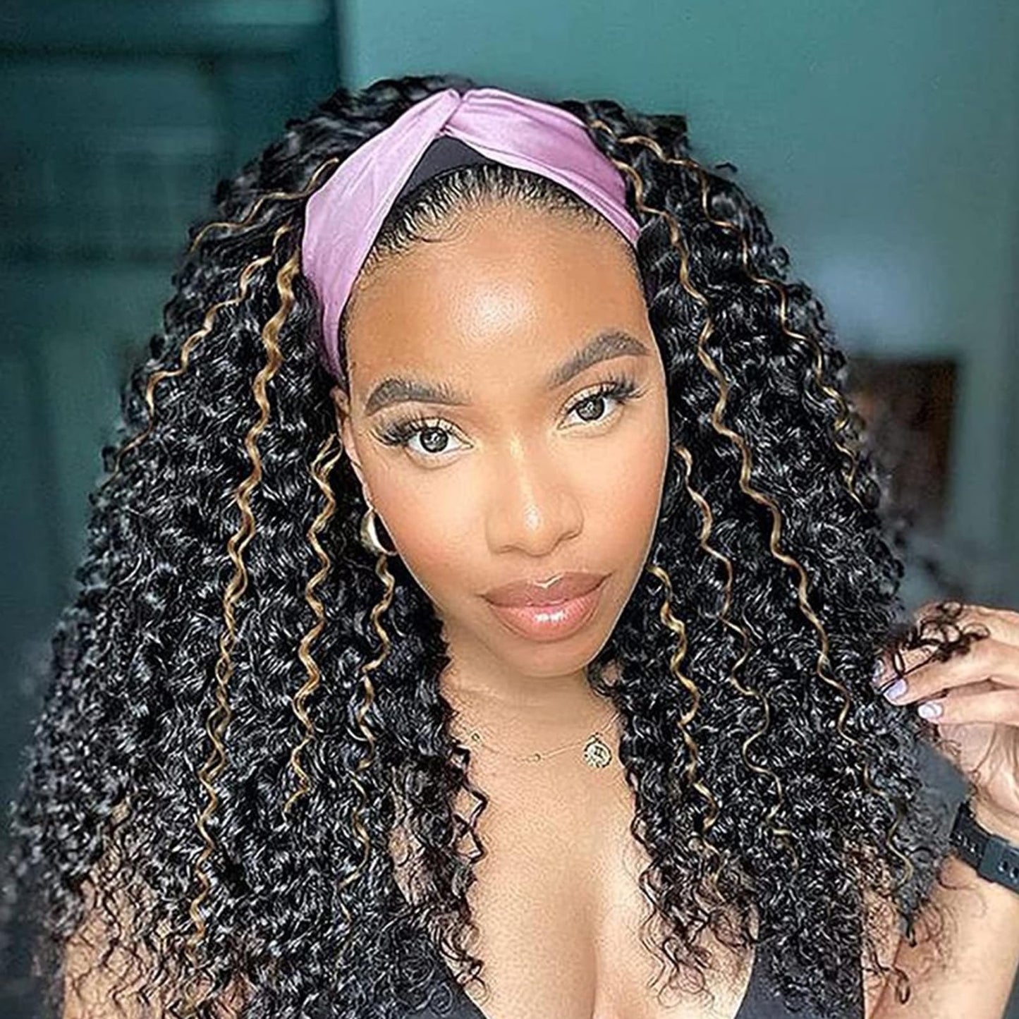 Punmasa Headband Wig Curly 1B/27 Deep Wave 16 Inches Human Hair Headband Wigs For Women Glueless None Lace Front Wigs Machine Ma