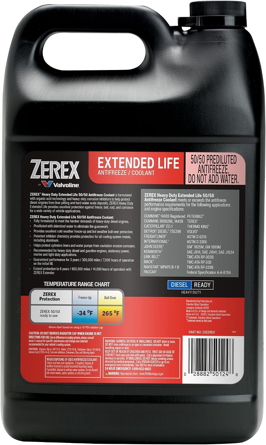 Zerex Extended Life Red Heavy Duty (HD) 50/50 Prediluted Ready-to-Use Antifreeze/Coolant 1 GA