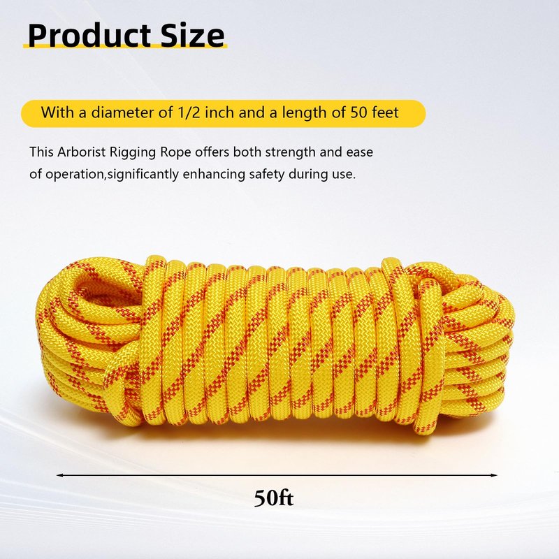 XINSHUNCAN Arborist Rope, 1/2 Inch x 50 Feet Double Braided Climbing Rope Polyester for Outdoor, Climbing, Hiking, Swing, Tree Work, Halyard, Sailing(Yellow)