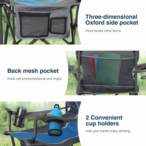 High Point Sports Portable Camping Chair - Heavy Duty Folding Chair with Cup Holder | Supports 350 LBS, Blue-Gray, 2 Pack