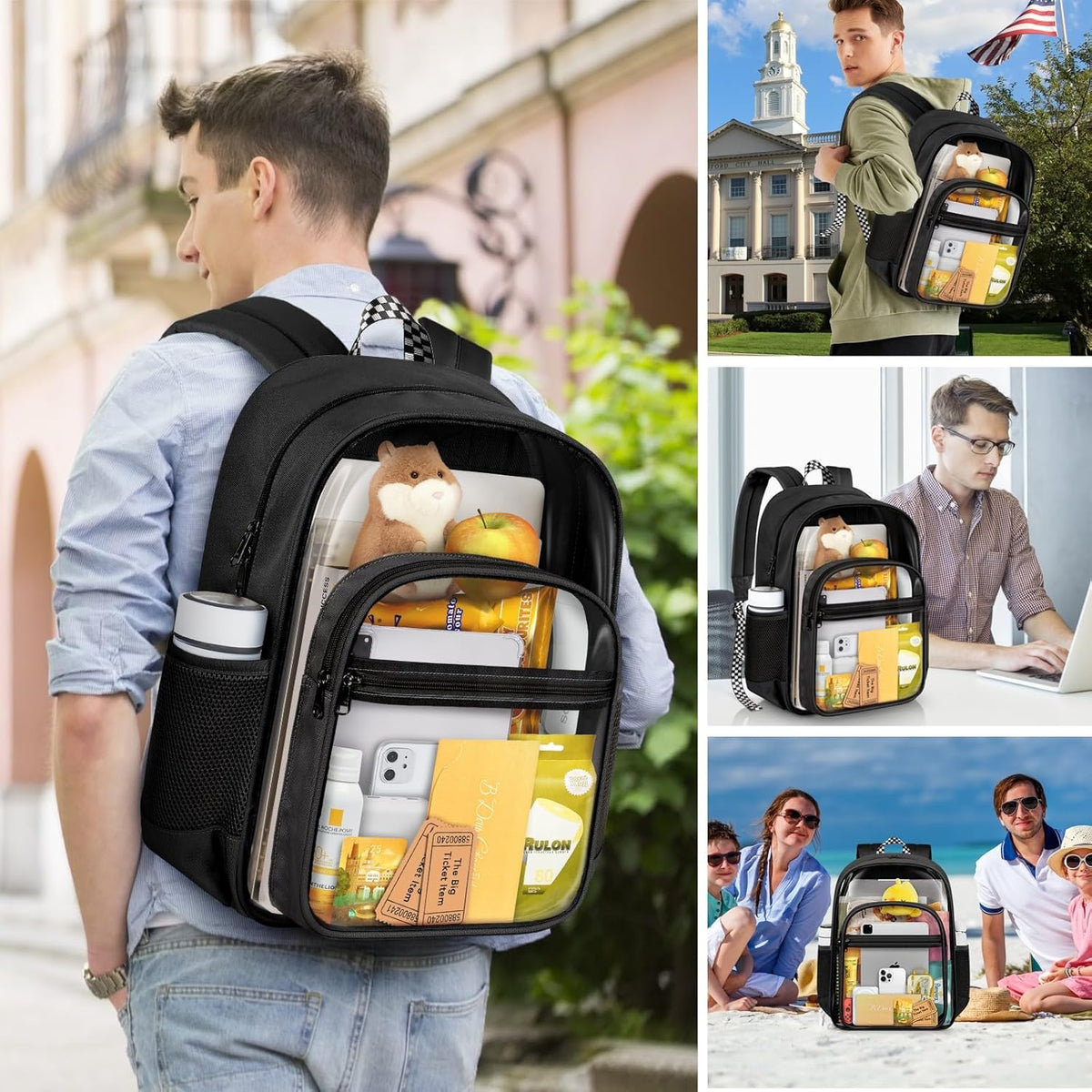 PAMANO Clear Backpack - Heavy Duty PVC & Fabric | Transparent College Bag for Travel & Security - Black