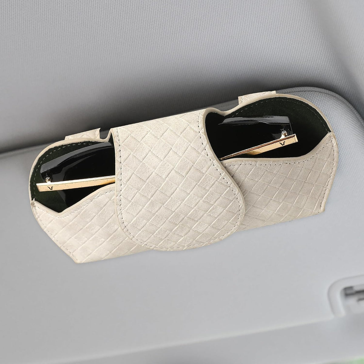 KINIVA Sunglasses Holder for Car Visor Leather Glasses Case with Clips for Car Visor Automotive Interior Visor Accessories Apply to All Car Models (10 Beige)
