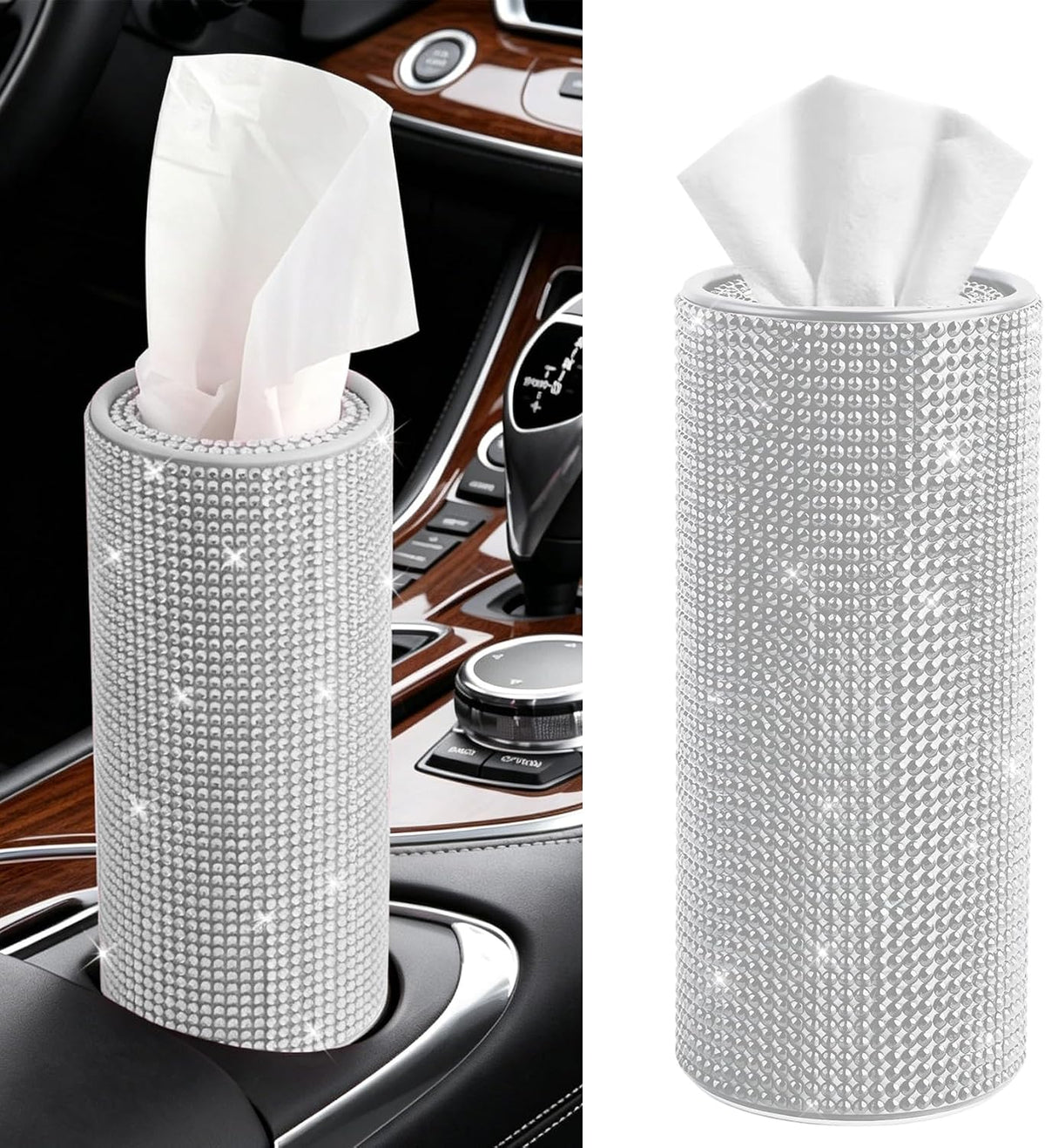 Bling Car Tissue Holder for Cup Holder, Car Organizer, Sparkly Diamond Automotive Interior Tissue Cylinder Storage Box, Cylinder Tissue Dispenser for Cars Decor Universal for Most Cars (Black)