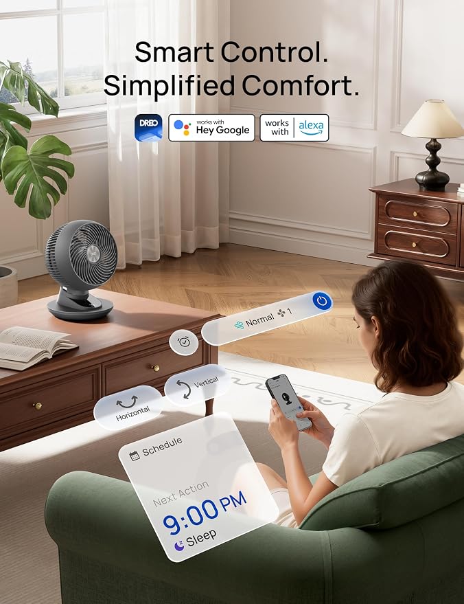 DREO Smart Fan for Bedroom, Powerful 85 ft Airflow, 12 Inches, Desk Fans in 20dB Quiet, 90°+90° oscillating fans, App/Voice Control, 9 Speeds & 8/12H Timer for Home Office Dorm