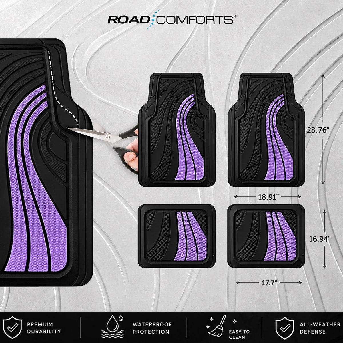 Road Comforts Car Floor Mats Full Set – Front & Rear Car Floor Mats with Aluminum Design, Anti-Slip Backing, All-Weather Protection, Trim-to-Fit Car Mats for Most Sedans, SUVs & Vans - Lighet Purple