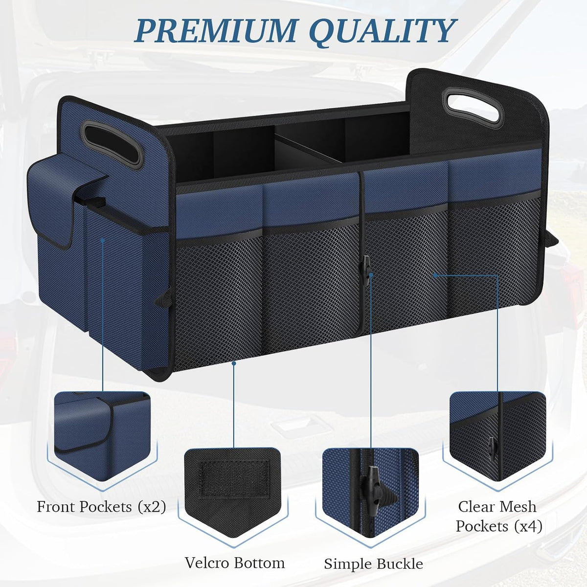 Trunk Organizer, Collapsible Waterproof Multi-Compartment Trunk Organizer for SUVs & Sedans, Car Storage with Reinforced Handles, Car Accessories for Women and Men, 52L