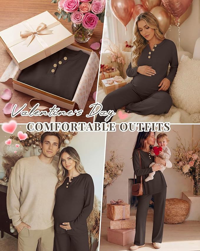 2 Piece Thermal Maternity Lounge Set Postpartum Pregnancy Fleece Loungewear Long Sleeve Top and Wide Leg Pant