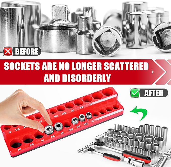 Magnetic Socket Organizer Holder 6-Piece (1/4 In, 3/8 In, 1/2 In Drive Metric SAE) Magnet Socket Rail Trays Storage Set Holds 143 Sockets for Tool Box Drawer