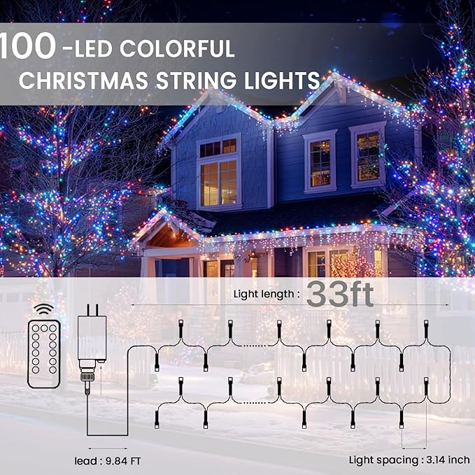 100 LED String Lights Indoor Outdoor, 33FT Multicolor Christmas Lights Waterproof, 8 Modes with Timer, Twinkle Fairy Lights Plug in Clear Wire for Christmas Tree, Bedroom, Classroom Decor