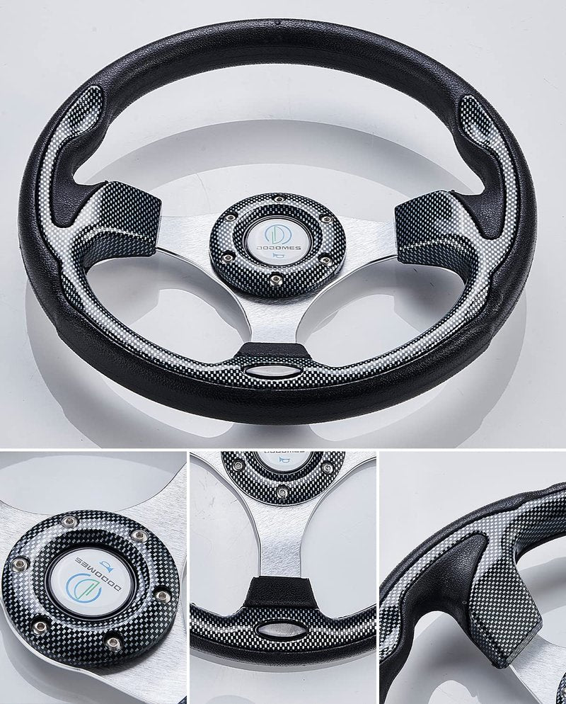 Universal Racing Steering Wheel for Golf Cart, EZGO Yamaha Club Car DS & Precedent, Aluminum with Horn Button for Car, 12.5”/320mm 6 Bolts Grip Vinyl Leather, black & carbon fiber