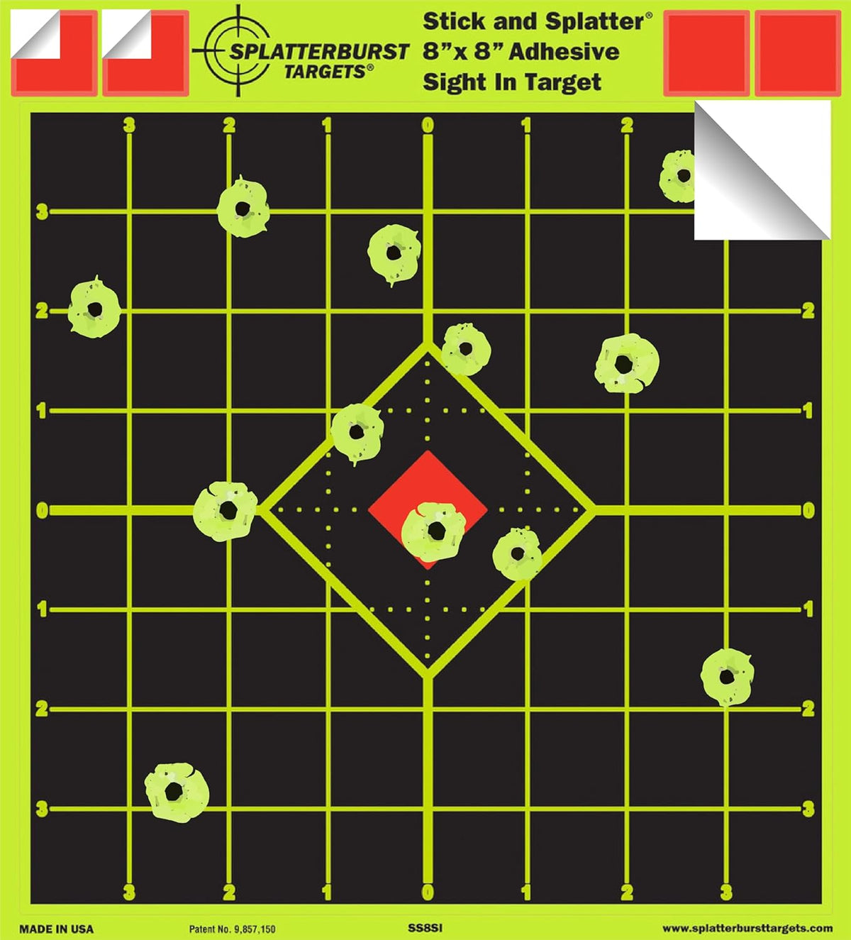 Splatterburst Targets - 8x8 Inch Adhesive Shooting Targets | Bright Fluorescent Yellow for All Firearms