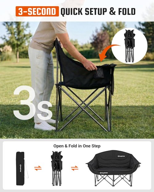 KingCamp Double Camping Chair - Oversized Heavy Duty 660lbs Loveseat for 2 | Portable Folding Couch with Cup Holder - Black