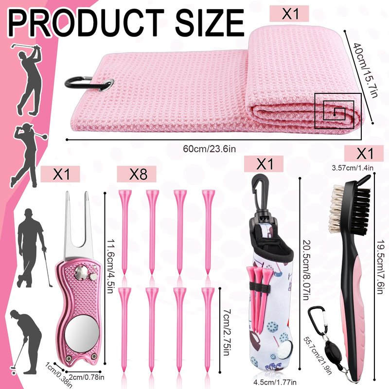 Qishiyi 12Pcs Golf Accessories Kit Include Golf Ball Bag Golf Tees Golf Towel Golf Club Cleaner Brush Groove Cleaner Tool Divot Tool Magnetic Ball Marker,Best Golf Gift for Women Man (Pink)