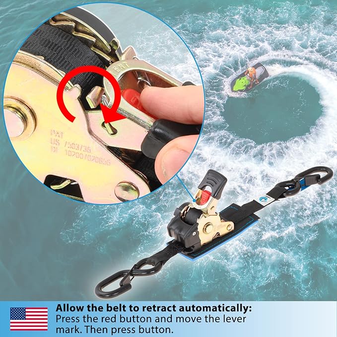 valonic Racoon - Retractable Ratchet Straps - 1300 lbs, with Protection pad and Hooks, 6 ft x 1 in, 2 Pack Black - Boat tie Down Straps