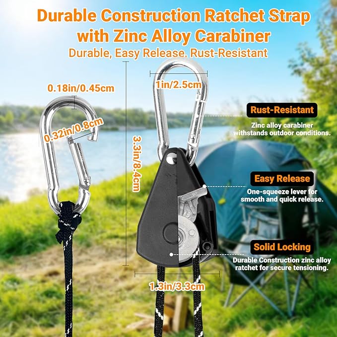Longer 15ft Paracord Rope Tie Down Ratchet Strap Small Reflective Portable Adjustable Fix Camping Rope Tent Tarp Tie Downs Grow Plant Light Hangers Pulley Tightener Tensioner Adjuster 1/8in 8Pack