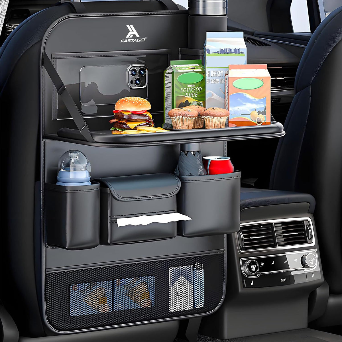 Universal Foldable Car Backseat Organizer with Table Tray, Car Seat Back Protector with Touch Screen Phone Holder, Premium Leather Kick Mats with Storage Pockets Tissue Holder (Brown)