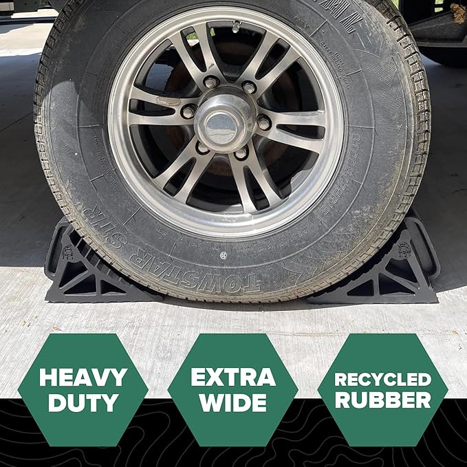 EKON OX BLOX Heavy Duty Wheel Chocks with Handle 2-Pack - Wide 6" Footprint with Grooves to Prevent Tires from Slipping - Campers, Trailers & RV Wheel Chocks - 100% Recycled Rubber Wheel Chocks