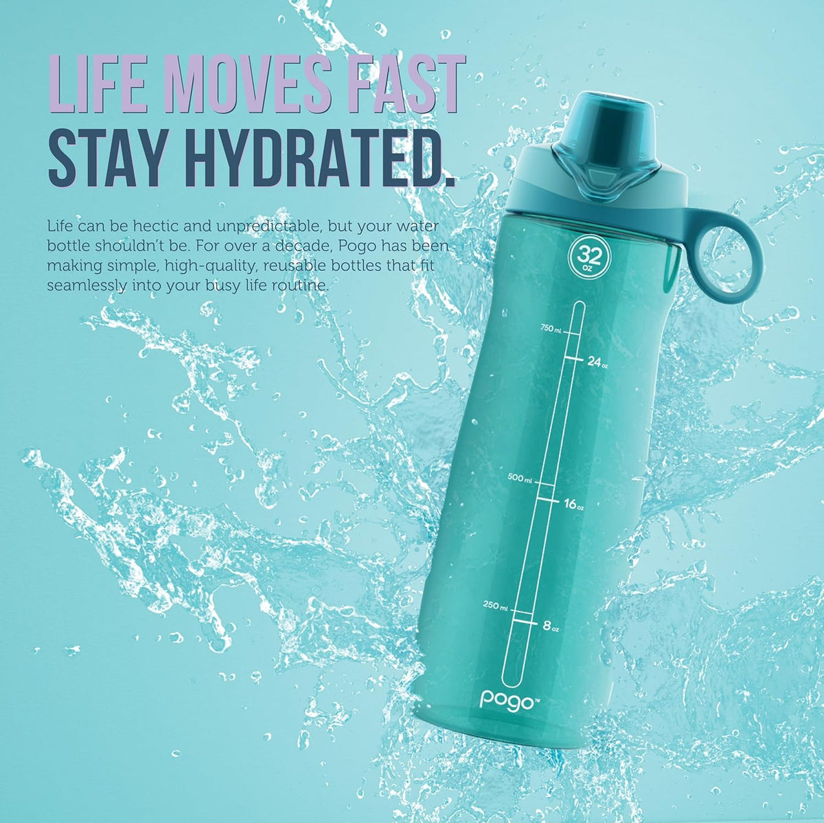 Pogo 32oz Reusable Plastic Water Bottle - Chug Lid & Carry Handle | BPA Free, Dishwasher Safe, Lilac